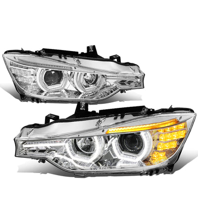 D-Motoring - Headlights - LED 3D Crystal U-Halo+DRL - Chrome Housing - Plug-n-Play - Pair - 12-16 BMW F30 3-Series 4-Dr Sedan & Wagon - 1