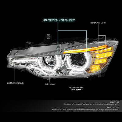D-Motoring - Headlights - LED 3D Crystal U-Halo+DRL - Chrome Housing - Plug-n-Play - Pair - 12-16 BMW F30 3-Series 4-Dr Sedan & Wagon - 2