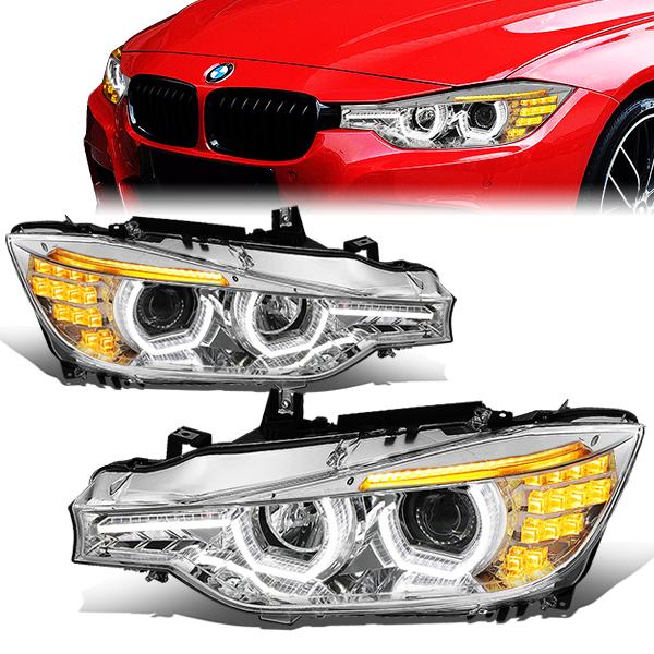 12-16 BMW F30 3-Series Wagon Headlights - LED 3D Crystal U-Halo+DRL - Chrome Housing - Plug-n-Play - Pair