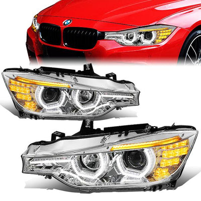 12-16 BMW F30 3-Series Wagon Headlights - LED 3D Crystal U-Halo+DRL - Chrome Housing - Plug-n-Play - Pair