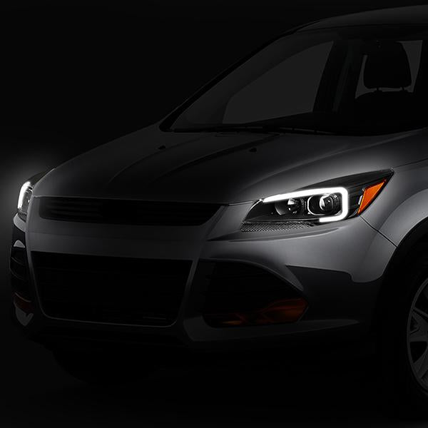 13-16 Ford Escape Headlights - LED DRL - Front Bumper - Clear Lens - Amber Corner - Projector - Pair - HL-3D-FESC13-BK-AM - 10