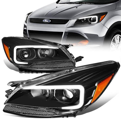 13-16 Ford Escape Headlights - LED DRL - Front Bumper - Clear Lens - Amber Corner - Projector - Pair - HL-3D-FESC13-BK-AM - 1