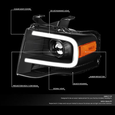 07-14 Ford Expedition Headlights - LED DRL - Front Bumper - Clear Lens - Amber Corner - Projector - Pair - HL-3D-FEXP07-BK-AM - 2