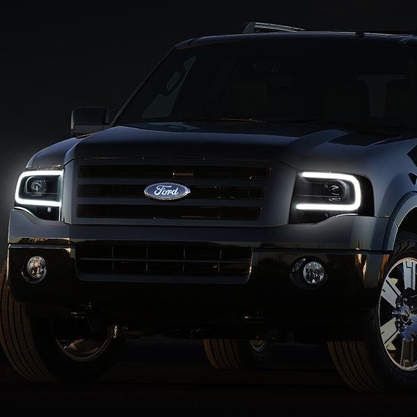 07-14 Ford Expedition Headlights - LED DRL - Front Bumper - Clear Lens - Amber Corner - Projector - Pair - HL-3D-FEXP07-BK-AM - 9