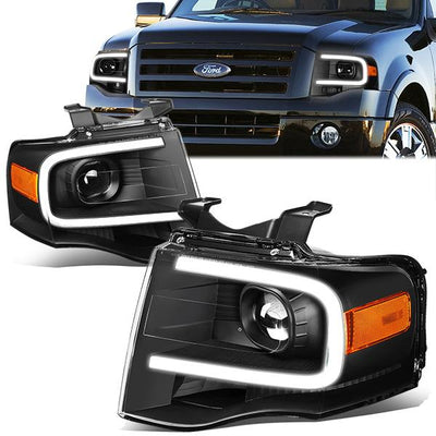 07-14 Ford Expedition Headlights - LED DRL - Front Bumper - Clear Lens - Amber Corner - Projector - Pair - HL-3D-FEXP07-BK-AM - 1