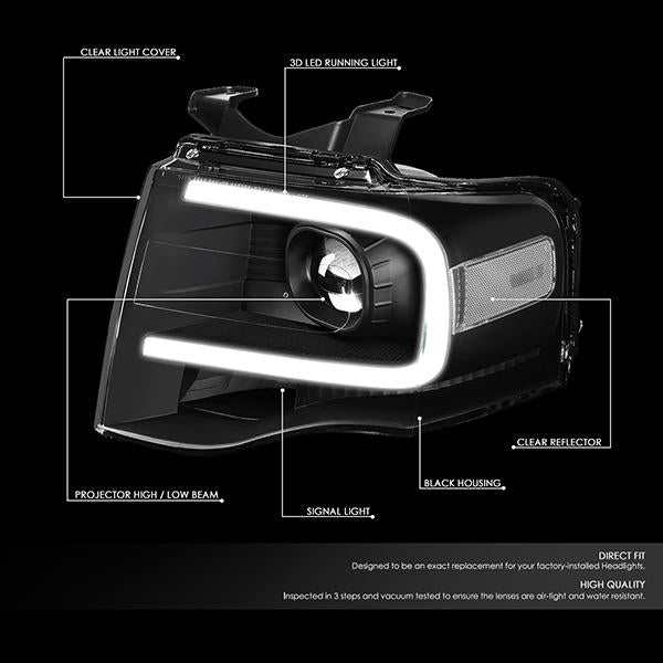 07-14 Ford Expedition Headlights - LED DRL - Front Bumper - Clear Lens - Clear Corner - Projector - Pair - HL-3D-FEXP07-BK-CL1 - 2