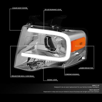 07-14 Ford Expedition Headlights - LED DRL - Front Bumper - Clear Lens - Amber Corner - Projector - Pair - HL-3D-FEXP07-CH-AM - 2