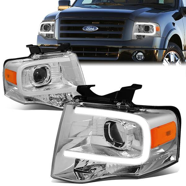 07-14 Ford Expedition Headlights - LED DRL - Front Bumper - Clear Lens - Amber Corner - Projector - Pair - HL-3D-FEXP07-CH-AM - 1