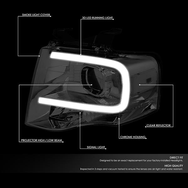 07-14 Ford Expedition Headlights - LED DRL - Front Bumper - Smoked Lens - Clear Corner - Projector - Pair - HL-3D-FEXP07-SM-CL1 - 2