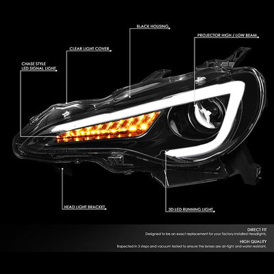 13-19 Toyota 86 Frs Headlights - 3D LED DRL+Sequential Tuen Signal - Clear Lens - Projector - Pair - 2