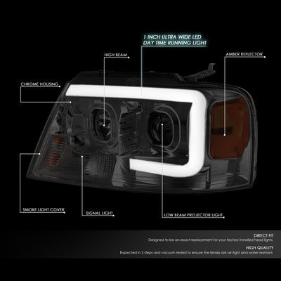 D-Motoring - Headlights - 3D LED Bar - Smoked Lens - Amber Corner - Projector - Plug-n-Play - Pair - Ford F-150 / Lincoln Mark LT - 2