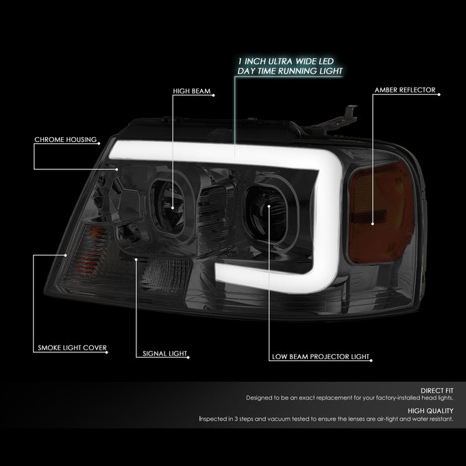 D-Motoring - Headlights - 3D LED Bar - Smoked Lens - Amber Corner - Projector - Plug-n-Play - Pair - Ford F-150 / Lincoln Mark LT - 2