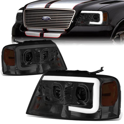 04-08 Ford F-150 Lincoln Mark LT Headlights - 3D LED Bar - Smoked Housing - Smoked Lens - Amber Corner - Projector - Plug-n-Play - Pair