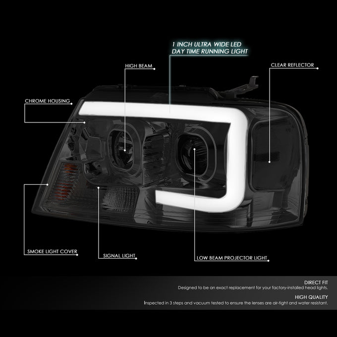 D-Motoring - Headlights - 3D LED Bar - Smoked Lens - Clear Corner - Projector - Plug-n-Play - Pair - Ford F-150 / Lincoln Mark LT - 2