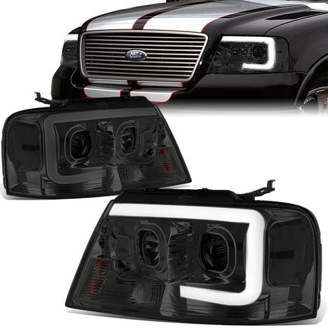 04-08 Ford F-150 Lincoln Mark LT Headlights - 3D LED Bar - Smoked Housing - Smoked Lens - Clear Corner - Projector - Plug-n-Play - Pair
