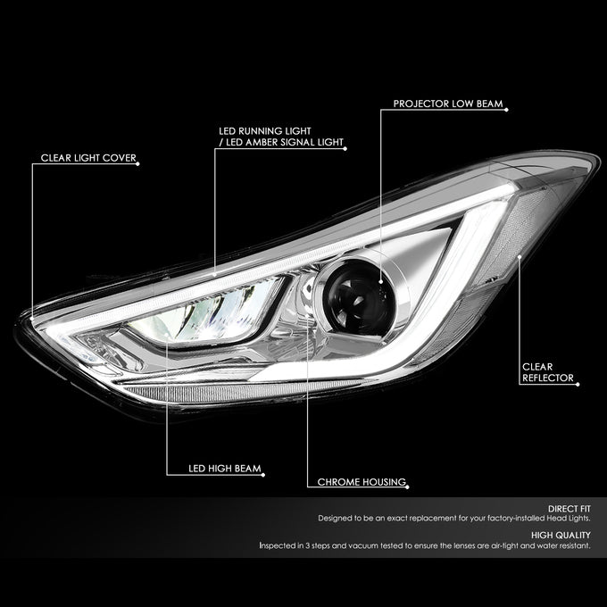 D-Motoring - Headlights - LED Drl - Clear Lens - Projector - Plug-n-Play - Pair - 11-13 Hyundai Elantra 4-Door Sedan - 2