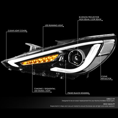 D-Motoring - Headlights - LED Turn Signal+3D DRL Bar - Clear Lens - Projector - Plug-n-Play - Pair - 11-14 Hyundai Sonata - 2