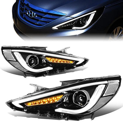 11-14 Hyundai Sonata Headlights - LED TURN Signal+3D DRL BAR - Clear Lens - Projector - Plug-n-Play - Pair