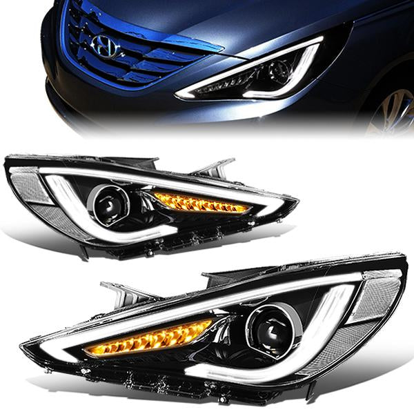 11-14 Hyundai Sonata Headlights - LED TURN Signal+3D DRL BAR - Clear Lens - Projector - Plug-n-Play - Pair