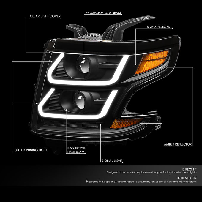 D-Motoring - 15-18 Chevy Suburbban Tahoe Headlights - 3D LED DRL - Clear Lens - Amber Corner - Dual Projector - Plug-n-Play - Pair - 2