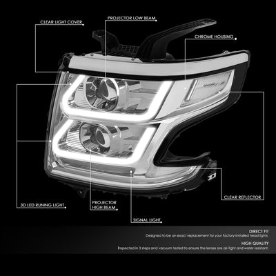 D-Motoring - 15-18 Chevy Suburbban Tahoe Headlights - LED DRL - Clear Lens - Clear Corner - Dual Projector - Plug-n-Play - Pair - 2