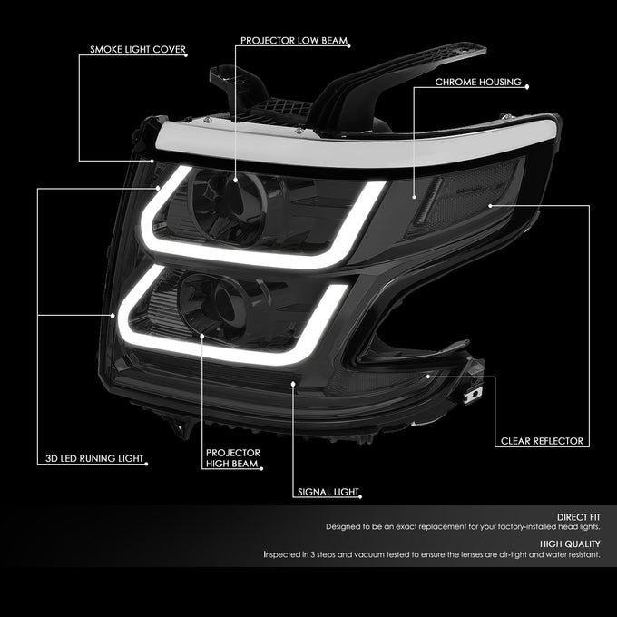 D-Motoring - 15-18 Chevy Suburbban Tahoe Headlights - LED DRL - Smoked Lens - Clear Corner - Dual Projector - Plug-n-Play - Pair - 2