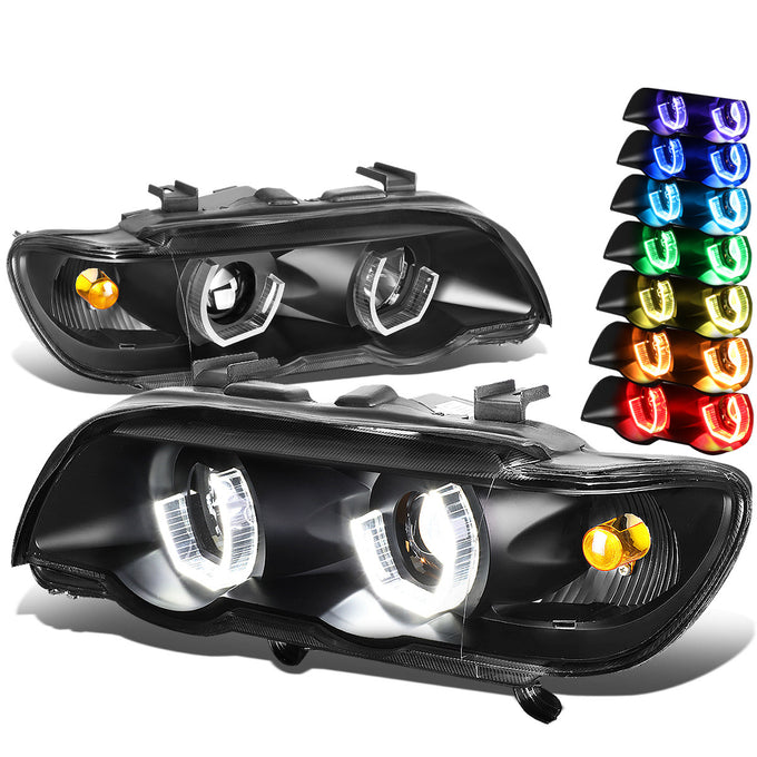 D-Motoring - Headlights - RGB Color LED U-Halo - Black Housing - Projector - Plug-n-Play - Pair - 00-03 BMW X5 - 1