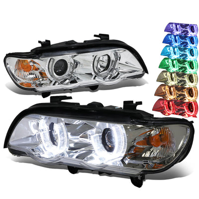 D-Motoring - Headlights - RGB Color LED U-Halo - Chrome Housing - Projector - Plug-n-Play - Pair - 00-03 BMW X5 - 1