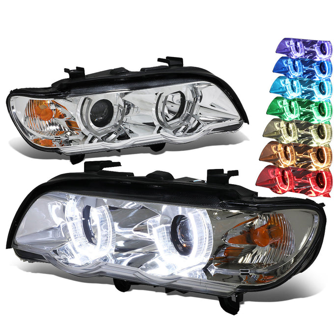 D-Motoring - Headlights - RGB Color LED U-Halo - Chrome Housing - Projector - Plug-n-Play - Pair - 00-03 BMW X5 - 1