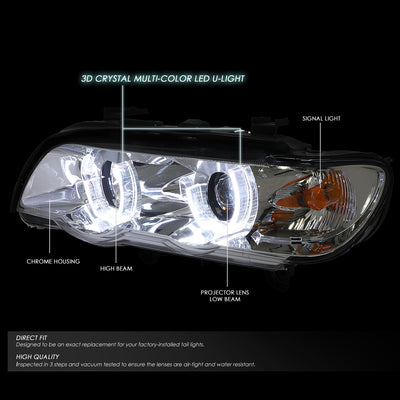 D-Motoring - Headlights - RGB Color LED U-Halo - Chrome Housing - Projector - Plug-n-Play - Pair - 00-03 BMW X5 - 2