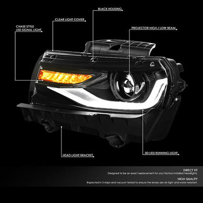 14-15 Chevy Camaro Headlights - LED DRL+Sequential Turn Signal - Clear Lens - Projector - Pair - 2