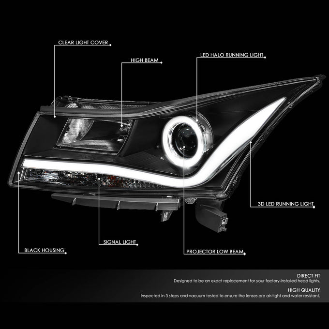 D-Motoring - 11-15 Chevy Cruze Headlights - 3D LED DRL+Halo Ring - Clear Lens - Projector - Plug-n-Play - Pair - 2