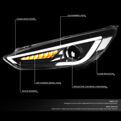 D-Motoring - 15-18 Ford Focus Headlights - LED DRL+Chasing Turn Signal - Clear Lens - Projector - Plug-n-Play - Pair - 2