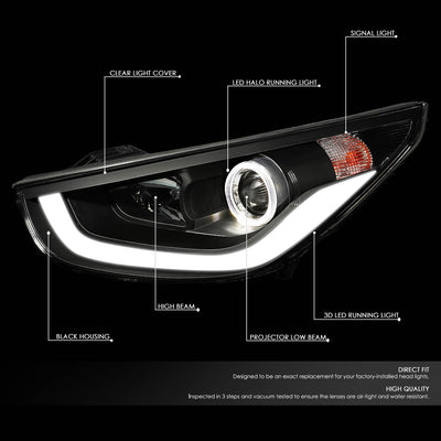 D-Motoring - 10-16 Hyundai Tucson Headlights - 3D LED DRL+Halo Ring - Clear Lens - Projector - Plug-n-Play - Pair - 2