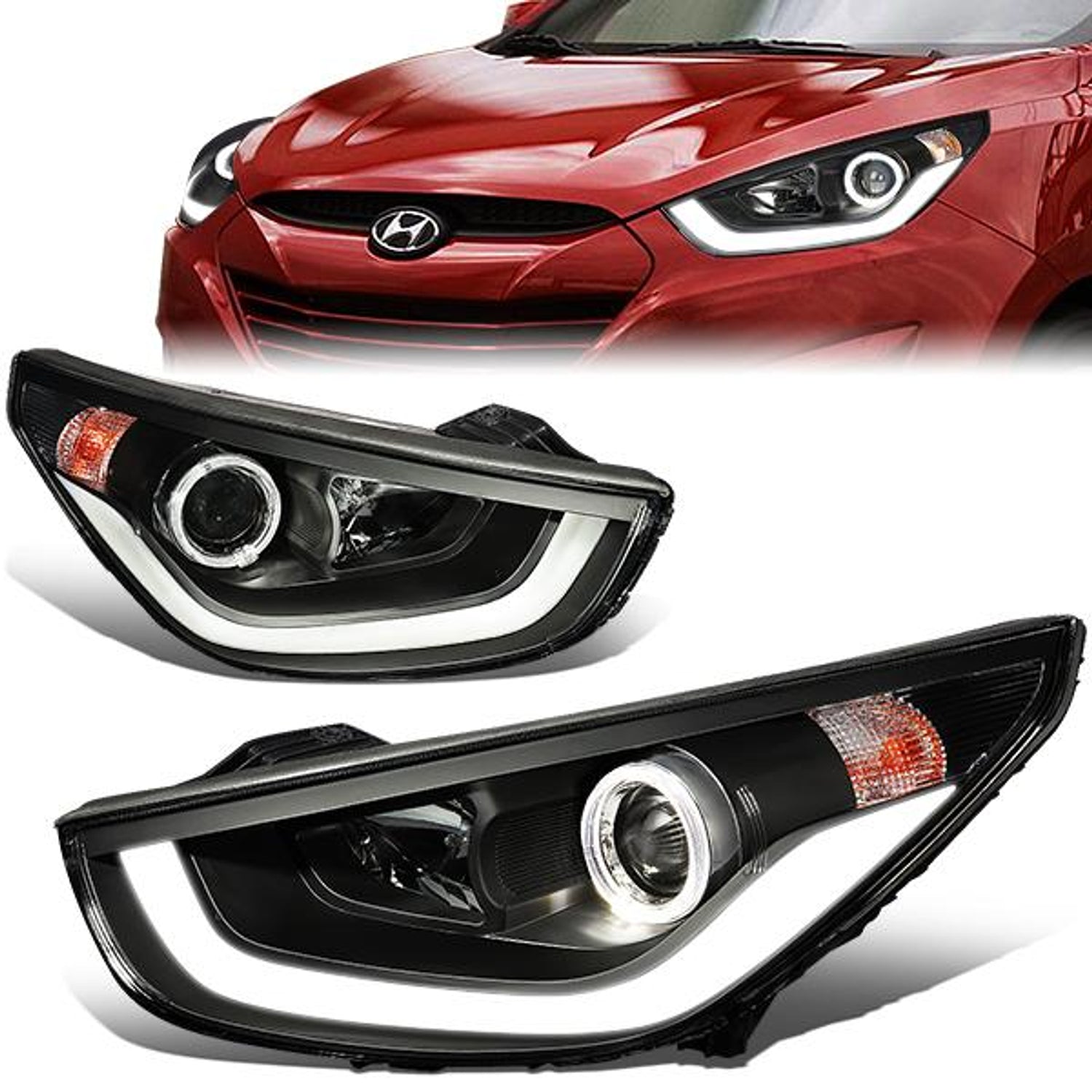 10-16 Hyundai Tucson Headlights - 3D LED DRL+Halo Ring - Clear Lens - Projector - Plug-n-Play - Pair
