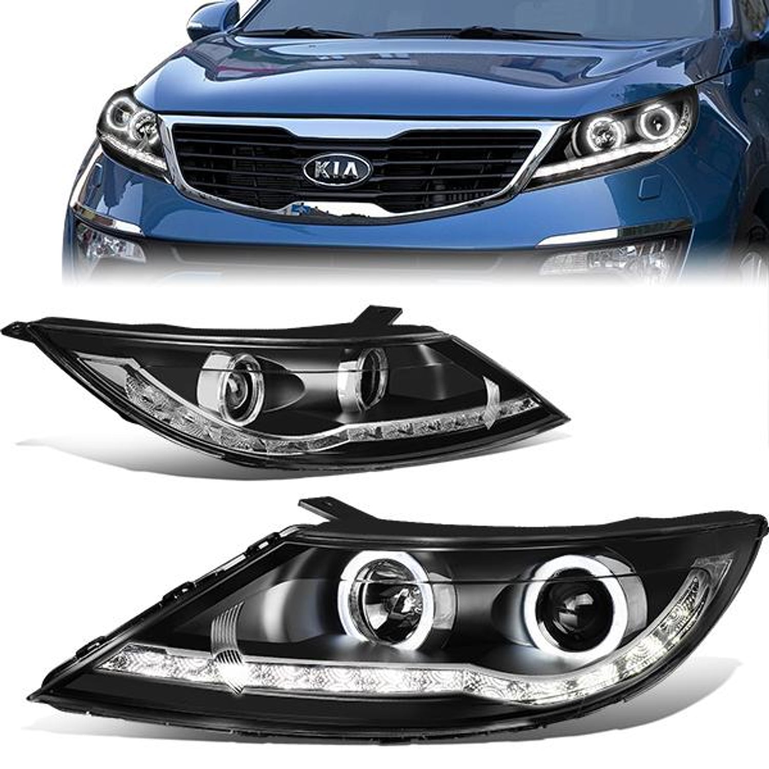 11-16 Kia Sportage Headlights - LED DRL+Turn Signal+Halo - Clear Lens - Projector - Plug-n-Play - Pair