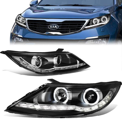11-16 Kia Sportage Headlights - LED DRL+Turn Signal+Halo - Clear Lens - Projector - Plug-n-Play - Pair