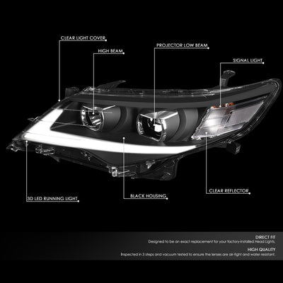 D-Motoring - 12-14 Toyota Camry Headlights - 3D LED DRL - Clear Lens - Projector - Plug-n-Play - Pair - 2