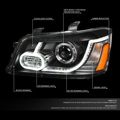 D-Motoring - 01-07 Toyota Highlander Headlights - 3D LED DRL Running Strip - Clear Lens - Projector - Plug-n-Play - Pair - 2