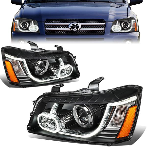 01-07 Toyota Highlander Headlights - 3D LED DRL Running Strip - Clear Lens - Projector - Plug-n-Play - Pair