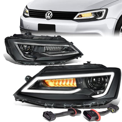 11-18 Volkswagen Jetta Sedan Headlights - LED DRL+Chasing Turn Signal - Clear Lens - Projector - Plug-n-Play - Pair
