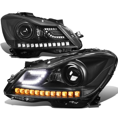 D-Motoring - Headlights - LED DRL - Black Housing - Projector - Plug-n-Play - Pair - 11-15 Mercedes C-Class W204 - 1