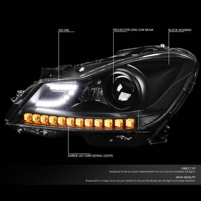 D-Motoring - Headlights - LED DRL - Black Housing - Projector - Plug-n-Play - Pair - 11-15 Mercedes C-Class W204 - 2