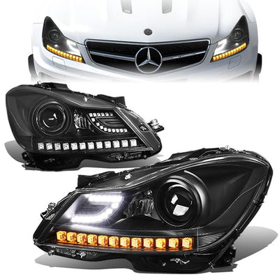 11-15 Mercedes C-Class W204 Headlights - LED DRL - Black Housing - Projector - Plug-n-Play - Pair