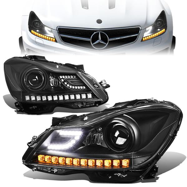 11-15 Mercedes C-Class W204 Headlights - LED DRL - Black Housing - Projector - Plug-n-Play - Pair