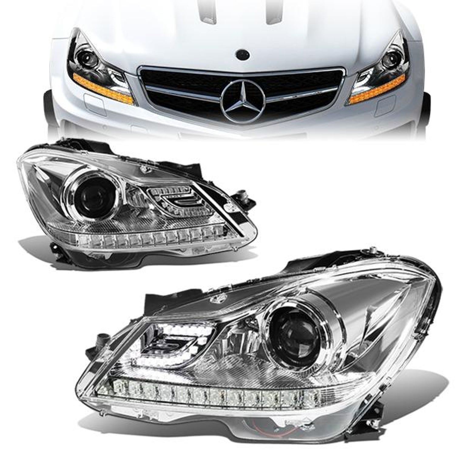 12-15 Mercedes C-Class W204 Headlights - LED DRL - Clear Housing - Projector - Plug-n-Play - Pair