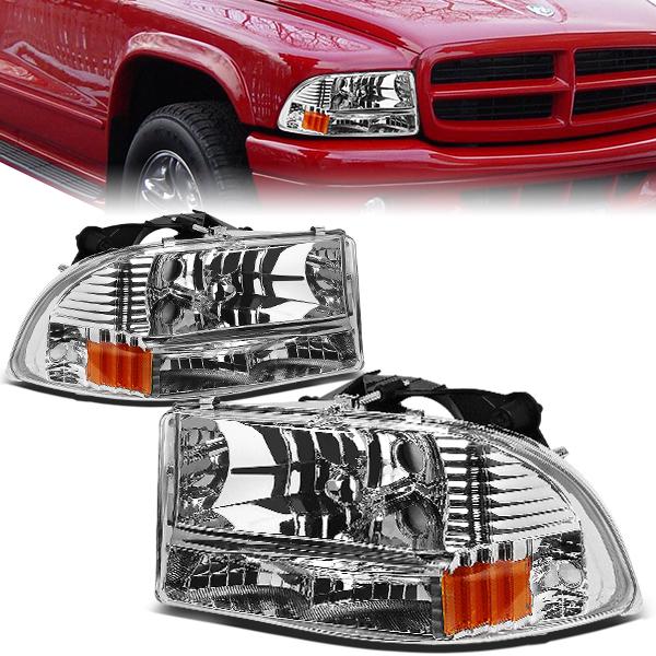 97-04 Dodge Dakota Durango Headlights - Chrome Housing - Amber Corner - Plug-n-Play - Pair