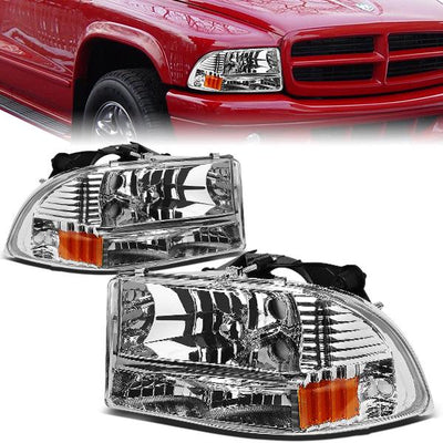 97-04 Dodge Dakota Durango Headlights - Chrome Housing - Amber Corner - Plug-n-Play - Pair