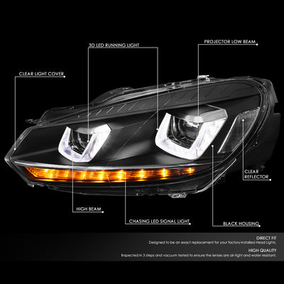 D-Motoring - 10-14 Volkswagen Golf GTI Headlights - Sequential LED Turn Signal+DRL U-Halo - Clear Lens - Plug-n-Play - Pair - 2