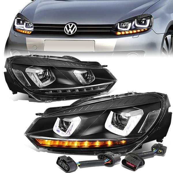 10-14 Volkswagen Golf GTI Headlights - Sequential LED Turn Signal+DRL U-Halo - Clear Lens - Plug-n-Play - Pair
